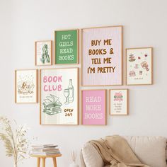 a living room filled with furniture and lots of framed pictures on the wall above it