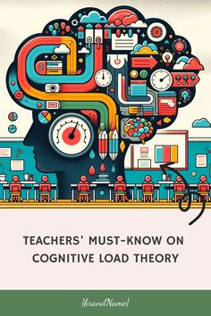 Illustration of a human profile with a colorful, complex brain filled with educational symbols alongside text "Teachers' Must-Know on Cognitive Load Theory". Blooms Taxonomy