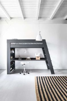 a loft bed with a desk underneath it and a ladder to the top that is built into the wall