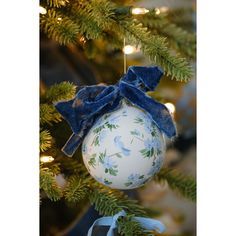 a christmas ornament hanging from a tree with blue ribbon and bow on it