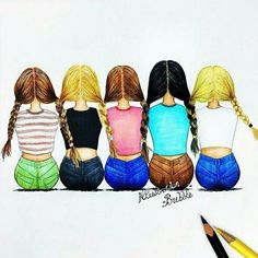 Cute Drawings Of People, Friends Drawing, 5 Best Friends, Friends Sketch, Friend Cartoon, Drawings Of Friends, Small Drawings