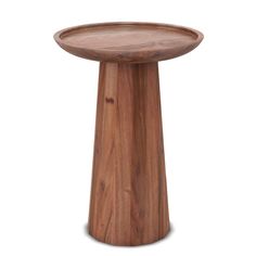 a wooden table with a round top and legs on the bottom, against a white background