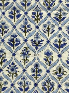 a blue and white wallpaper with flowers on it