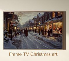 a painting of people walking down a street in the snow with christmas lights on it