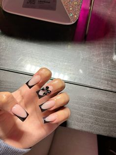 #nails #bow #imjustagirl Cute French Tip Nails Black, Black Short Nails With Design, Black Nail Acrylic Designs, Black Nails Jewels, Black French Tip Birthday Nails, White And Black Acrylics, Black Nail Designs With Charms, Acrylic Bow Nails, Black French With Bow