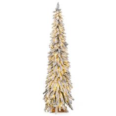 a white and gold christmas tree with snow on it's branches, against a white background