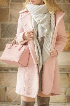 Petite Style Blog | Women's Guess Double Breasted Boucle Cutaway Coat | Ilymix Blanket Scarf | Click to Read More... Profile Pink, Cable Knit Sweater Dress, Fashion For Petite Women, Petite Style, Fashion For Women Over 40, Work Style, Fashion Wishlist, Pink And Gray, Pink Blush Maternity