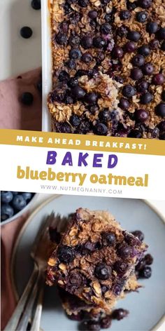 blueberry oatmeal baked in a casserole dish with text overlay