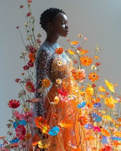 a woman in an orange dress surrounded by flowers