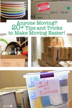 moving boxes are stacked on top of each other with the words, anyone moving? 20 tips and tricks to make moving easier