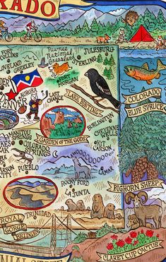 an illustrated map of the state of idaho with animals, birds and other things on it