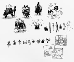 an ink drawing of various things on a white sheet with black and white images around it