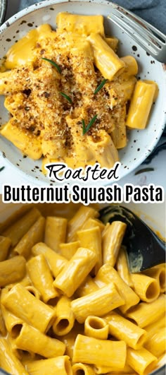 two pictures with different types of pasta in them and the words roasted butternut squash pasta