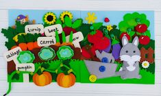 this is an image of a farm scene with pumpkins, apples and carrots