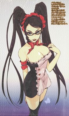 an anime character with long black hair and glasses on her face, wearing a corset