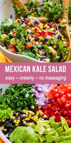 mexican kale salad in a large white bowl with wooden spoons and colorful vegetables