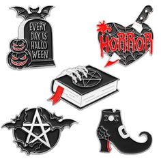 four different halloween pin badges with bats, books and witches on them in black and red