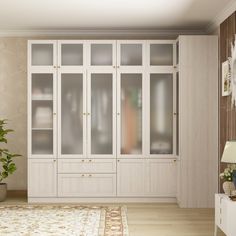 a living room filled with lots of white furniture and plants on top of it's shelves