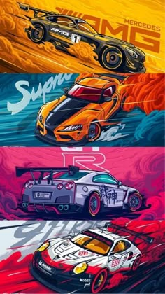 three different colored cars are shown in this graphic art work, each with the same color scheme