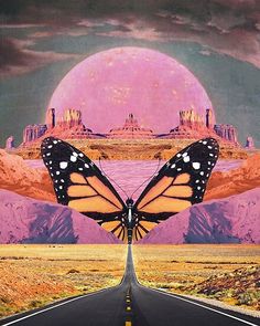 a large butterfly flying over a road next to a pink moon and desert landscape with mountains in the background