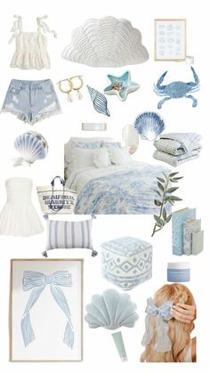 a collage of blue and white items including a bed, dress, hat, purse, shoes, pictures, etc