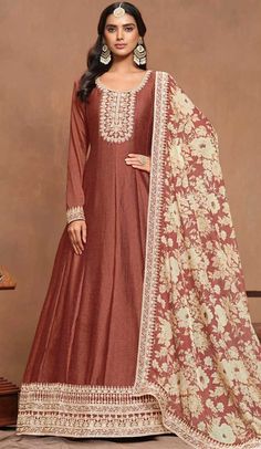 Brown Art Silk Embroidered Anarkali Style Designer Salwar Suit - 145979706 Traditional Anarkali, Anarkali Lehenga Gowns, Rust Art, Silk Anarkali Suits, Long Anarkali, Party Wear Gown