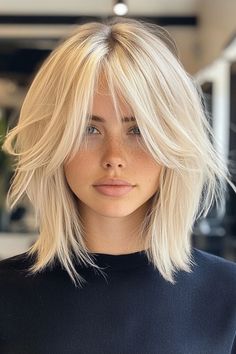 Platinum Blonde with Soft Curtain Bangs, Trendsetting Tousled Layers Short Platinum Bob With Bangs, Platinum Layered Bob, Platinum Curtain Bangs, Haïr Cut With Curtain Bangs, Bright Blonde Hair With Bangs, Soft Curtain Bangs Short Hair, 2025 Blonde Hair, Platinum Blonde Hair With Curtain Bangs, Soft Bangs Haircut