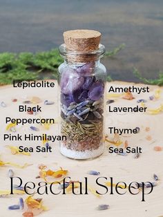 Peaceful sleep spell jar photo with labels of what is inside- Lepidolite, amethyst, black peppercorn, Lavender, thyme, pink Himalayan sea salt, sea salt Sleep Spell Jar, Attraction Spell Jar, Sleep Spell, Dream Jar, Witches Jar, Wicca Recipes, Spell Bottles