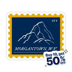 a blue and yellow postage stamp with the words morgantown, wv on it