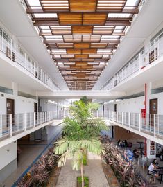 an atrium with several people sitting at tables and plants on the ground in front of them