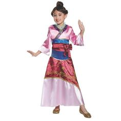 Mulan is one Disney Princess who definitely knows how to dress on and off the battle field. In the Deluxe Childs Mulan Costume, you'll show off the regal style of your favorite Disney Princess! With traditional Japanese design, this flowing gown is colorfully bold and will leave friends impressed and trick-or-treat buckets overflowing. The detachable belt gives you the freedom to quickly go from the life of the party to Mulan: princess warrior. Size: 7-8.  Color: Multicolor. Mulan Halloween Costume, Mulan Halloween, Mulan Dress, Disney Princess Halloween Costumes, Disney Princess Mulan, Disney Princess Halloween, Princess Mulan, Toddler Costumes Girl, Disney Princess Costumes