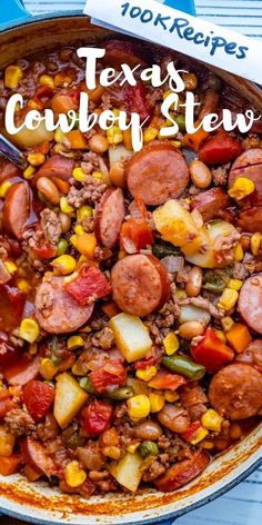 a bowl filled with beans, corn and sausage