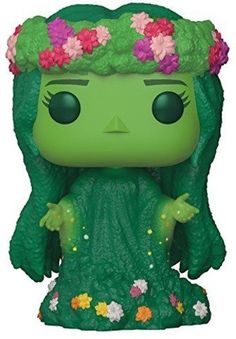 a pop vinyl figure with flowers on her head and green hair, wearing a flower crown