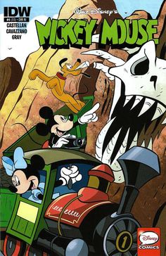 mickey mouse is riding in a train with goofy and other characters on the front cover