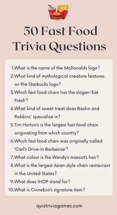 the 50 fast food trivia questions are shown in this graphic above it's image