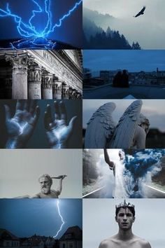 the collage shows many different images with blue lighting and dark clouds in the background