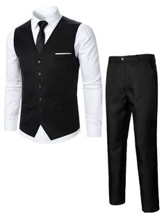 Black Work Collar Sleeveless  Plain  Embellished Non-Stretch All Men Clothing White Vest Suit, White Vest Outfit, Waiter Outfit, Terno Slim, Double Breasted Vest, Black Waistcoat, Waistcoat Men, Vest Outfit, Mens Fashion Blazer