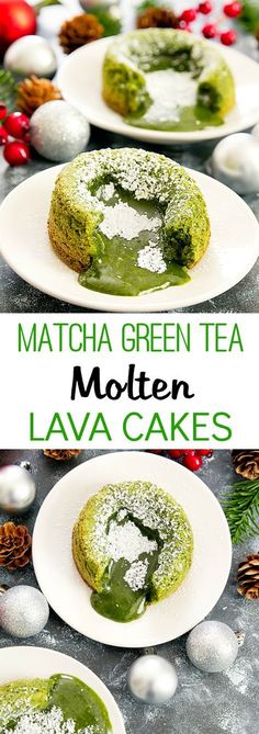 matcha green tea moten lava cakes on white plates with pine cones in the background