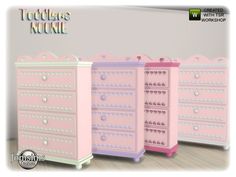 three pink and two purple dressers with studded knobs on the drawers, one is