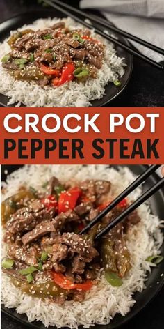 crock pot pepper steak on top of white rice with chopsticks in it