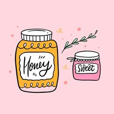 a jar of honey next to a pink background with the words honey written on it