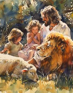 a painting of jesus with two children and a lion in the grass next to them