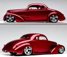 two pictures of a red car with chrome wheels and rims, one in the shape of a vw bug