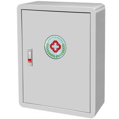 a metal cabinet with an emblem on the front and bottom panel, in white background