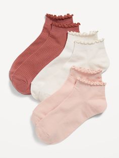 includes 3 pairs of quarter crew socks lettuce edge cuffs metallic thread detail notched seams at toe and heel Socks Cute, Quarter Socks, Cute Socks Ankle, Cute Ruffled Socks For Spring, Cute Socks Aesthetic, Cute Ruffle Socks, Socks With Frills, Frilly Socks Aesthetic, Cute Pink Ruffled Socks