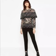 Zara Women Collection Lace Top / Blouse With Frill Brand New Without Tags. No Flaws. Msrp $120 Product Details: Hip-Length Top Long Sleeve Semi Sheer Fabric Large Floral Lace Pattern Large Horizontal Frill Around Back Teardrop With One Button Made With High Class Quality This Blouse Fits True To Size Fabric & Care: 62% Polyamide, 38% Viscose Machine Wash Chic Long Sleeve Lace Top For Evening, Elegant Lace Top For Winter, Elegant Winter Lace Top, Elegant Silver Tops For Winter, Elegant Silver Winter Top, Chic Winter Blouse By Zara, Chic Zara Blouse For Winter, Zara Winter Party Blouse, Chic Lace Top For Fall Party