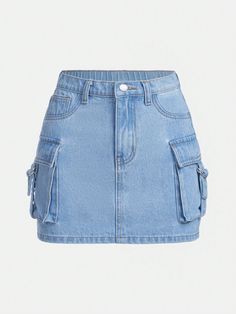 Light Wash  Collar  Denim Plain Straight Embellished Non-Stretch  Teen Girls Clothing Light Wash Denim Skirt, Simple Skirts, Alledaagse Outfit, Denim Clothes, Girls Denim Skirts, Skirts Outfits, Jean Skirts, Cute Dress Outfits, Jeans Skirt