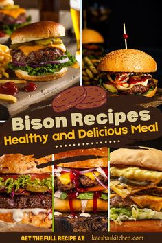 A collage of bison dishes including Bison Burgers beautifully arranged on a rustic wooden table. Bison Chili, Savory Snack Recipes, Chili Pasta, Cinnamon Tortilla Chips, Fruit Salsa, Easy Snack Recipes