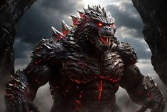 godzilla in the dark with red eyes and fangs on his face, surrounded by lava