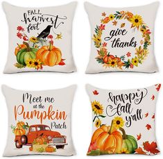 four pillows with pumpkins and fall sayings on the front, one for each pillow